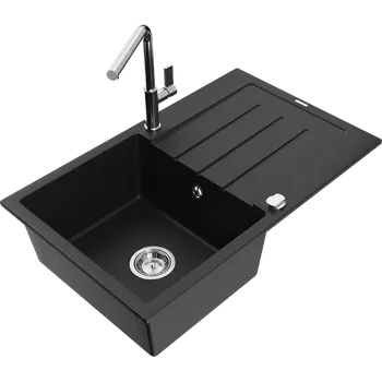 Granitový dřez Mexen Bruno granitový dřez jednodřezový s odkapávačem a kuchyňskou baterií Flora, černý - 6513-77-670401-00 Granitové dřezy s baterií