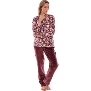 Dámské pyžamo Dámské dlouhé teplé pyžamo FLORA vínový tisk na bílé - M