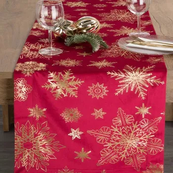 ubrus Velurový běhoun červený, zlaté vločky, 40 x 140 cm