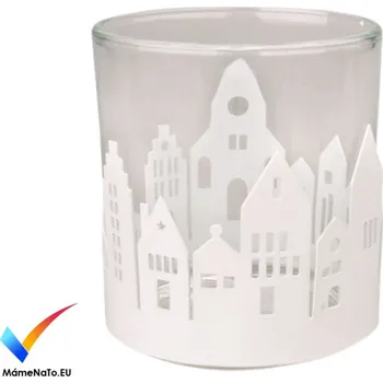 Anděl Přerov Svícen - skleněný s bílými kovovými domky