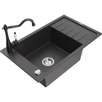 Granitový dřez Mexen Elias žulový dřez 1-komorový s odkapávačem a kuchyňskou baterií Carla, černý s tečkami - 6511-76-670700-70 Granitové dřezy s baterií