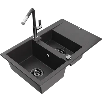 Granitový dřez Mexen Gaspar granitový dřez s 1,5 komorou a odkapávačem a kuchyňskou baterií Flora, černý tečkovaný Granitové dřezy s baterií