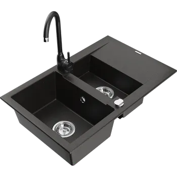 Granitový dřez Mexen Gaspar žulový dřez 1,5-komorový s odkapávačem a kuchyňskou baterií Telma, černý/zlatý - 6507-75-670200-70 Granitové dřezy s baterií