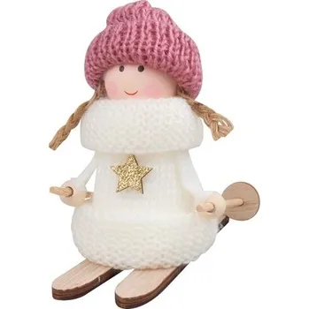 Vánoce Lyžařka v bílém svetříku a růžové čepici 10 cm