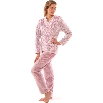 Dámské pyžamo Dámské dlouhé teplé pyžamo FLORA růžový tisk na bílé - XL