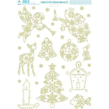 Vánoční dekorace Vánoční adhezní nálepky na okna 25x35cm - se zlatými/stříbrnými glitry, Andílek s trubkou