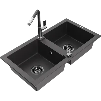 Granitový dřez Mexen Mario dřez žulový 2-komorový s kuchyňskou baterií Flora, černý s tečkami - 6504-76-670401-08-B Granitové dřezy s baterií