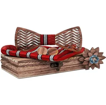 Motýlek Dřevěný motýlek s knoflíčky, kapesníčkem a broží Miranda T214-C1, Barva červená