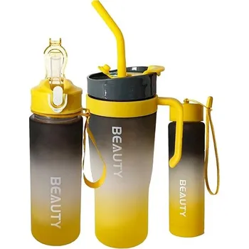 Kempingové nádobí Flamenco Mystique Přenosná láhev na vodu, 1,2 l sada 3 ks s držákem a brčkem, šedo-žlutá