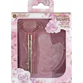 Standelli professional Natural rose quartz Dárková sada masážního válečku a GUA SHA kamene + sametová taštička 3 ks