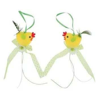 Velikonoční dekorace Kuřátka na zavěšení se zelenou mašlí 16 cm, 2 ks