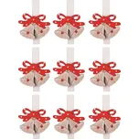 Dřevěné zvonečky na kolíčku červené s mašlí 2 cm, 9 ks