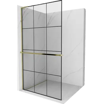 Mexen Kioto+ L sprchová stěna s policí Walk-in 100 x 200 cm, černá mřížka, zlatá - 800-100-123-50-77 Sprchové stěny