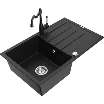 Granitový dřez Mexen Bruno jednodřezový žulový dřez s odkapávačem a kuchyňskou baterií Carla, černý - 6513-77-670700-70 Granitové dřezy s baterií