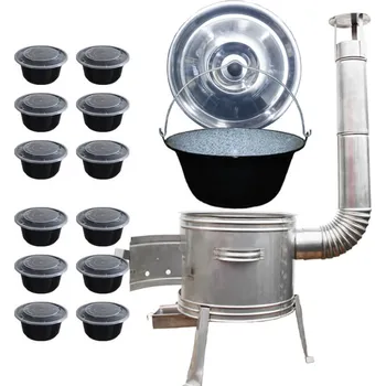 Kempingové nádobí Smaltovaný kotlík 22 L + nerezová kotlina 0,8 mm 42 INOX + plastové boxy (misky) s víkem 12 ks