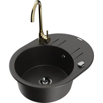 Granitový dřez Mexen Kevin granitový dřez 1-komorový s odkapávačem a kuchyňskou baterií Telma, černý/zlatý metalik - 6517-75-670200-50-B Granitové dřezy s baterií