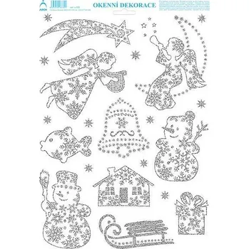 Vánoční dekorace Vánoční adhezní nálepky na okna 25x35cm - Andílek s lyrou, zlaté a stříbrné