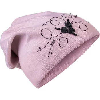 Čepice Dámská pletená čepice s růžičkami a kamínky 7100374-3, růžové barvy