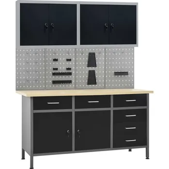 Dílenský stůl Pracovní stůl se čtyřmi nástěnnými panely a dvěma skříňkami Černý 3053435