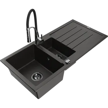 Granitový dřez Mexen Andres granitový dřez 1,5-komorový s odkapem a kuchyňskou baterií Aster, černý/zlatý metalik - 6515-75-73450-07-B Granitové dřezy s baterií