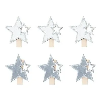 Vánoce Hvězda dřevěná se stříbrnými glitry na kolíčku 4 cm šedá a bílá, 6 ks