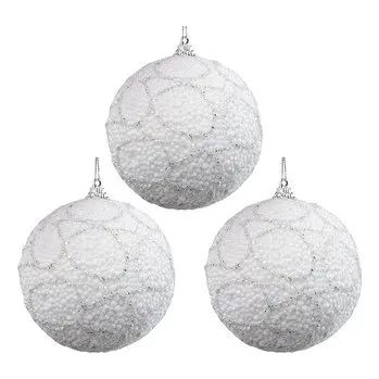 Vánoční dekorace Baňky bílé se stříbrnými glitry, 8 cm, 3 ks