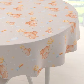 ubrus Dětský bavlněný kulatý ubrus Sandra SA-525 Veverky s květinami na šedobéžovém Ø 130 cm