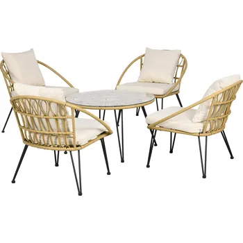 Zahradní sestava Outsunny 5dílná sada zahradního ratanového nábytku s jídelním stolem a 4 židlemi, zahradní set z polyesteru v béžové barvě pro zahradu a terasu | Aosom.de