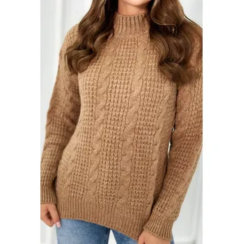 Dámský svetr Dámský svetr se stojáčkem copánkový vzor - italská móda - hnědý - vel. UNI