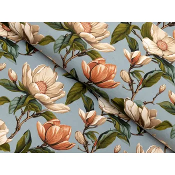 Bavlněná látka/plátno Sandra SA-545 Květy magnolie na šedomodrém - šířka 160 cm