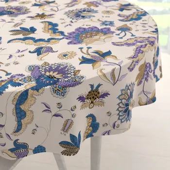 ubrus Bavlněný kulatý ubrus Sandra SA-539 Modro-fialové orientální květy na světle béžovém Ø 130 cm