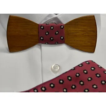 Dřevěný motýlek s kapesníkem - vzor 67 - starorůžový se vzorem