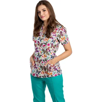 Zdravotnický oděv Doctor in uniforma - Dámská zdravotnická halenka s páskem - bílá/potisk motýli - halenka - bílá/potisk motýli