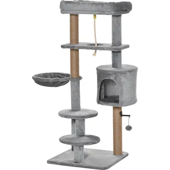 PawHut dřevěné škrabadlo 120 cm vysoké s košíkem Cat cave Hrací míč pro malé kočky ve světle šedé barvě | Aosom.de