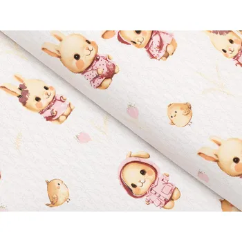 Dětská bavlněná látka/plátno Sandra SA-538 Růžoví zajíčci a ptáčci na bílém - šířka 160 cm