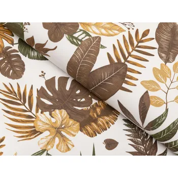 Bavlněná látka/plátno Sandra SA-540 Hnědo-zelené listy na bílém - šířka 160 cm