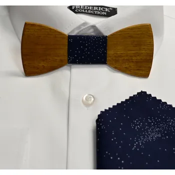 Dřevěný motýlek s kapesníkem - vzor 71- tmavě modrá se vzorem