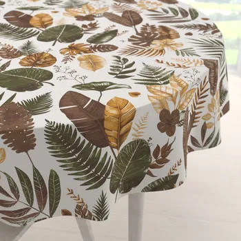 ubrus Bavlněný kulatý ubrus Sandra SA-540 Hnědo-zelené listy na bílém Ø 40 cm