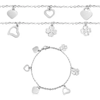 Náramek Náramek na ruku z chirurgické oceli, srdíčka a čtyřlístky, stříbrná barva