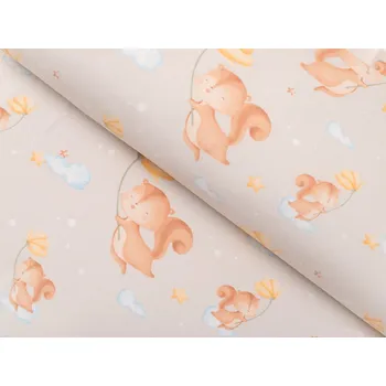 Dětská bavlněná látka/plátno Sandra SA-525 Veverky s květinami na šedobéžovém - šířka 160 cm