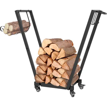 Stojan na palivové dřevo Outsunny s kolečky 79 x 30 x 81 cm, stojan na palivové dřevo na zahradu a terasu, černý kov, včetně háčků na palivové dřevo a nářadí | Aosom.de
