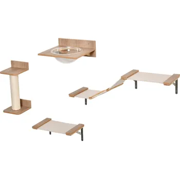 Pelíšek pro kočku PawHut Sada pro kočky se škrabadlem, kočičími schody a houpací sítí, světle hnědá, sisal, akryl, borovice| Aosom