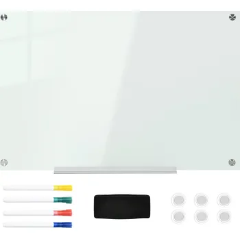 Kancelářský nábytek Magnetická tabule Vinsetto 90x60cm se 4 pery, 6 magnety, 1 houbičkou a poličkou, stojanová skleněná tabule k montáži na zeď | Aosom.de