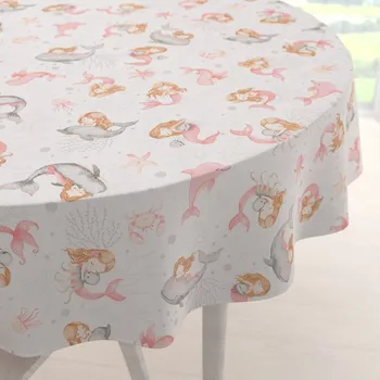 ubrus Dětský bavlněný kulatý ubrus Sandra SA-527 Růžové mořské panny s delfíny a velrybami na bílém Ø 50 cm
