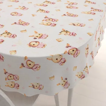 ubrus Dětský bavlněný oválný ubrus Sandra SA-538 Růžoví zajíčci a ptáčci na bílém 50x100 cm