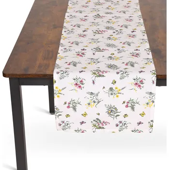 ubrus Kuchyňský ubrus / běhoun QK-180, luční kvítí, bílo-růžová 35x180cm