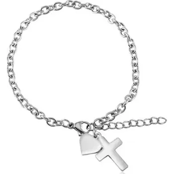 Náramek Náramek z chirurgické oceli stříbrné barvy, oválná očka, srdíčko a kříž