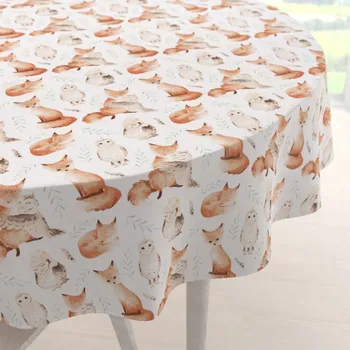 ubrus Dětský bavlněný kulatý ubrus Sandra SA-523 Lišky a sovy na bílém Ø 70 cm