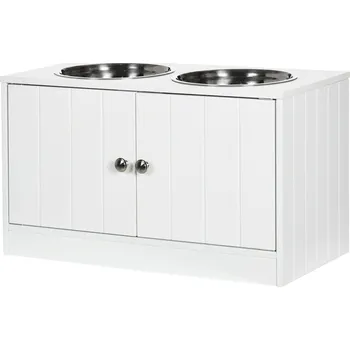 Miska pro psa PawHut misky pro psy, vyvýšená krmicí stanice se 2 nerezovými miskami, stojan na misky pro psy s úložným prostorem o objemu 44 l, magnetická dvířka, miska na krmivo, miska na vodu, bílá |