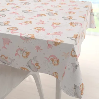 ubrus Dětský bavlněný čtvercový ubrus Sandra SA-527 Růžové mořské panny s delfíny a velrybami na bílém 120x120 cm